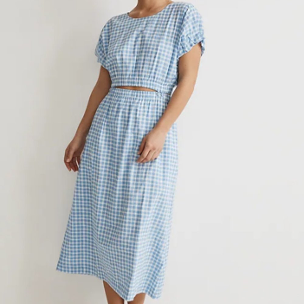 NWT Madewell pull on dress set, skirt, top, in light blue gingham check